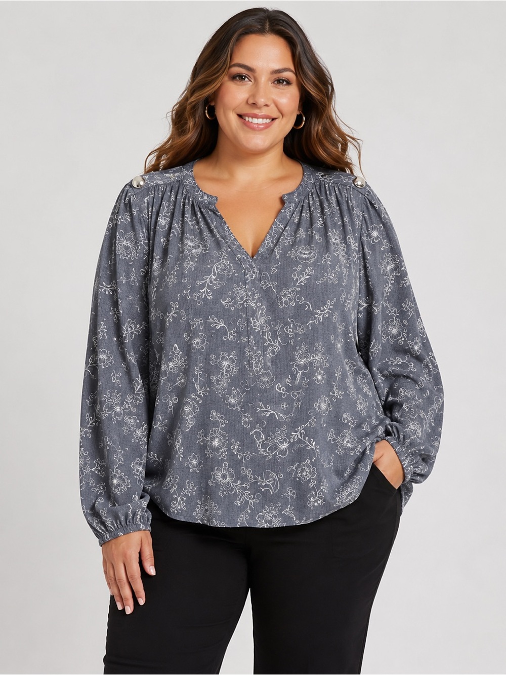Lily Morgan women’s gray floral long sleeve v- neck blouse. 3xl. New with tag.